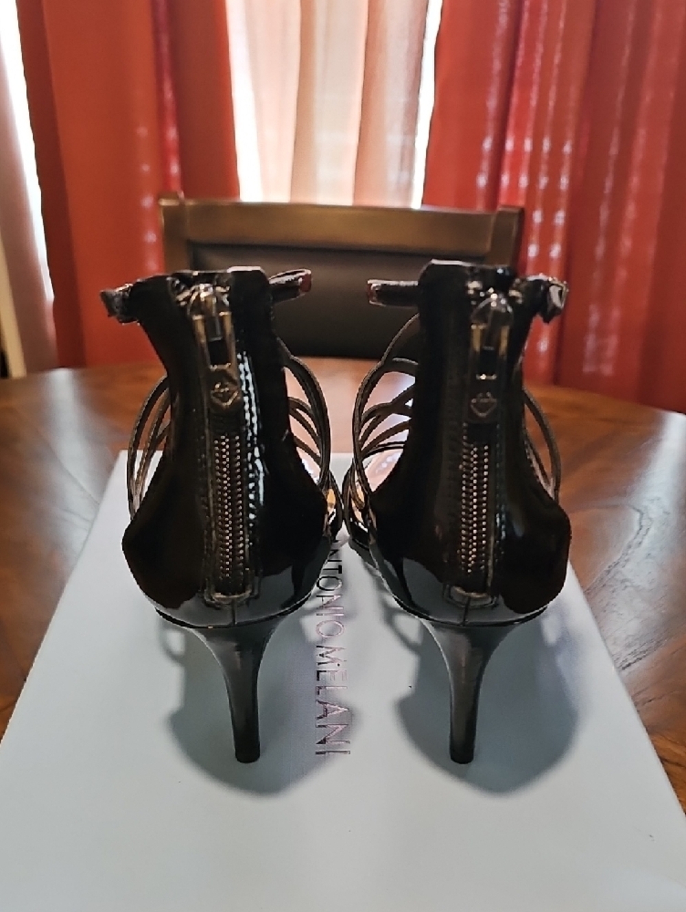 ANTONIO MELANI Black Patent Strappy Caged Heels - Picture 4 of 7